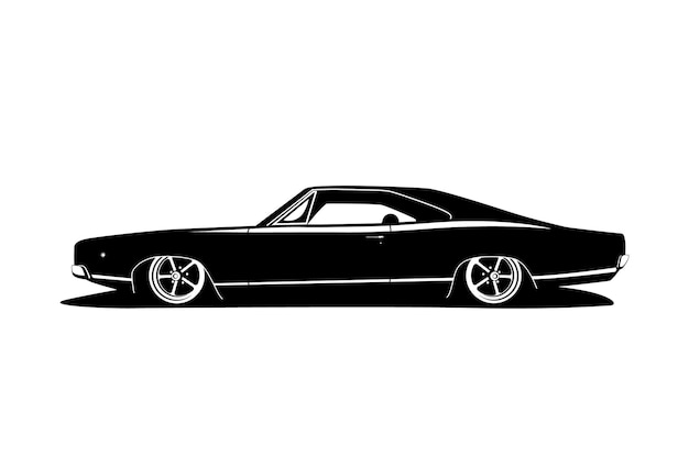 Classic tuning car with big wheels, power motor and low cars compilation. American gangsta style black white flat vector design. Symbol vehicle for print or web icon.