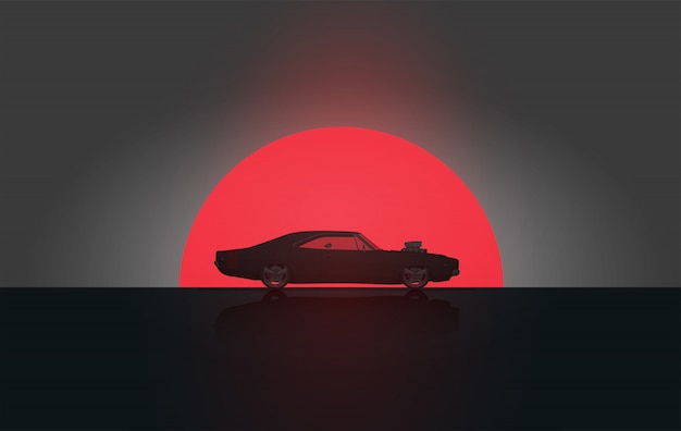 Classic Vintage American Side View Muscle Car in Sunset Silhouette.  . Poster Template. 