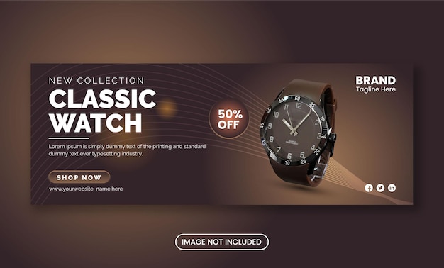 Classic watch Dark color brand product social media Facebook cover banner template Premium Vector