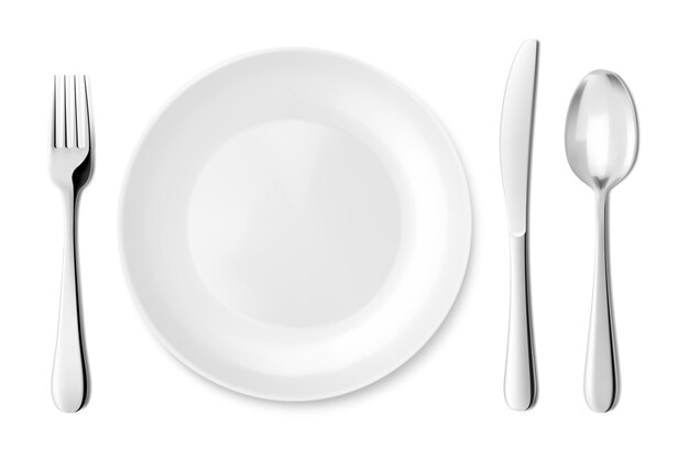 Vector classic white ceramic or glass plate with knifespoon and fork empty plate with stainless steel metal cutlery isolated on white background clipping path top view realistic 3d vector illustration