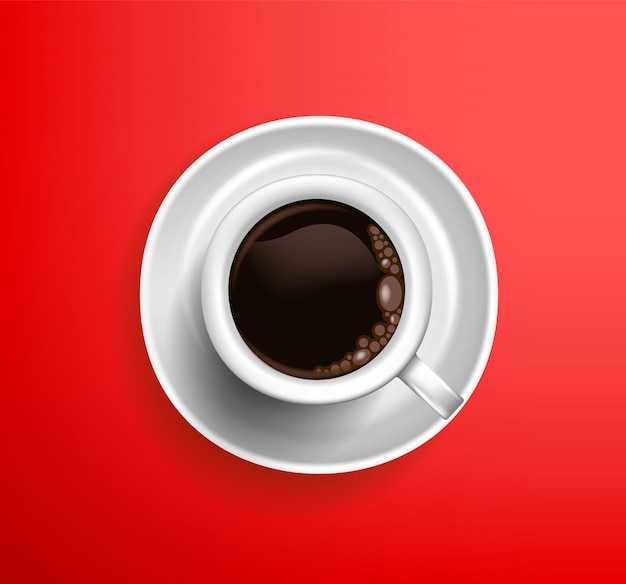 Classic white cup of coffee americano on a red background. View from above