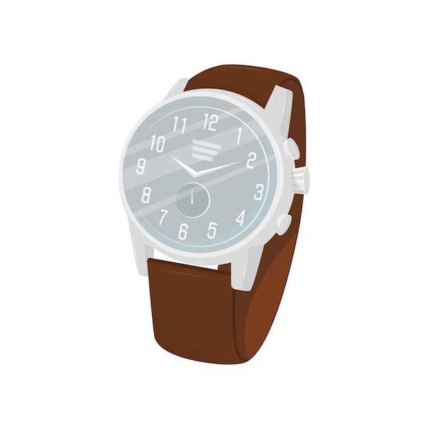 Classic wrist watch with brown leather strap gray metal dial and stopwatch Stylish male accessory Flat vector for advertising flyer or poster