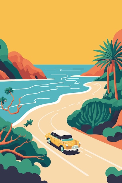 Classic yellow car on the beach road vector flat color illustrator poster