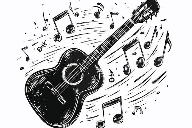 Vector classical guitar and musical notes floating in the air vector illustration