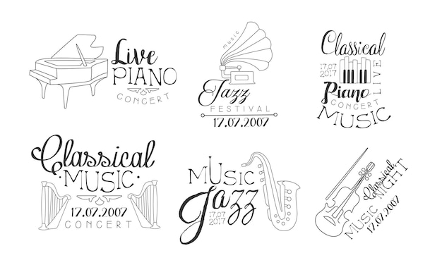 Vector classical music concert hand drawn badges set jazz festival live piano monochrome vector illustration