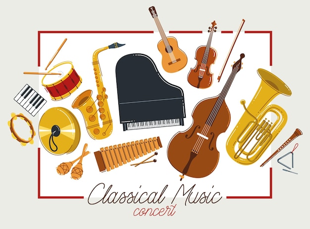 Classical music instruments poster vector flat style illustration classic orchestra acoustic flyer