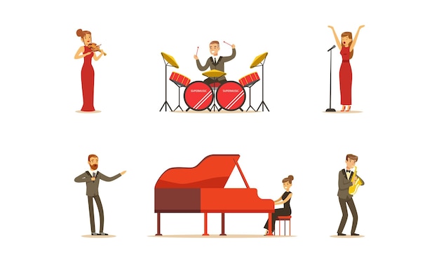 Classical Musicians and Singers Characters Collection Artists Playing Musical Instruments and Singing Cartoon Vector Illustration