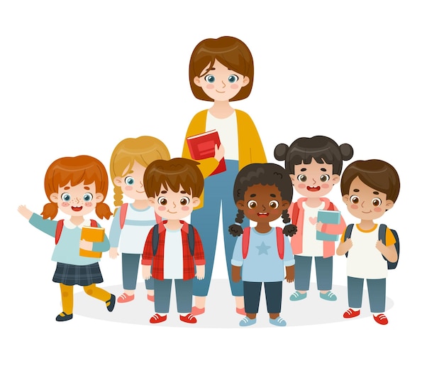 Vector classmates standing with teacher cartoon pupils diverse group cute children set