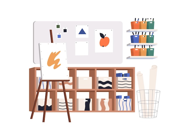 Vector classroom for art class creative studio empty drawing atelier with painting supplies canvas and easel whiteboard artists school study room flat vector illustration isolated on white background