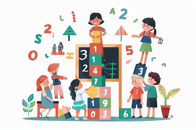 Vector classroom fun as children play with blocks