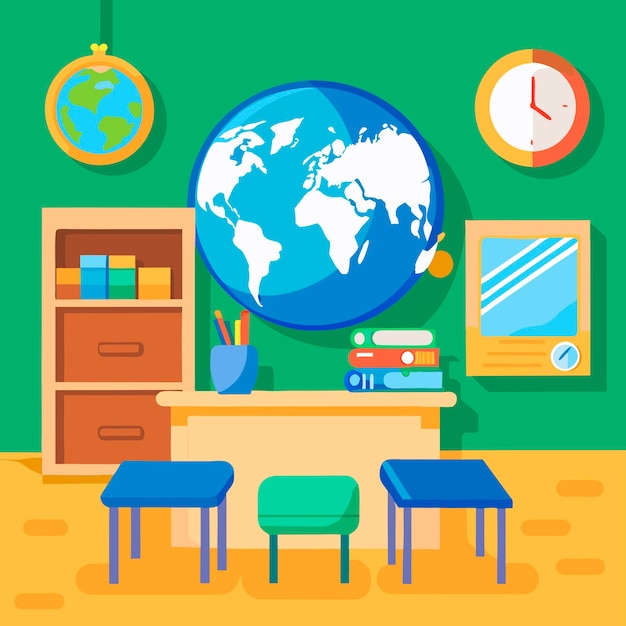 Vector classroom interior with globe and desk education setting