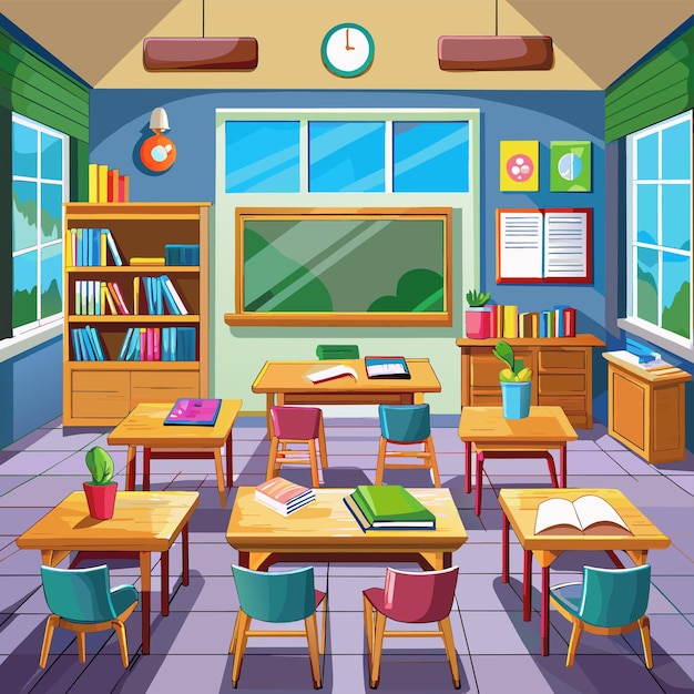 a classroom with a picture of a classroom with a clock on the wall