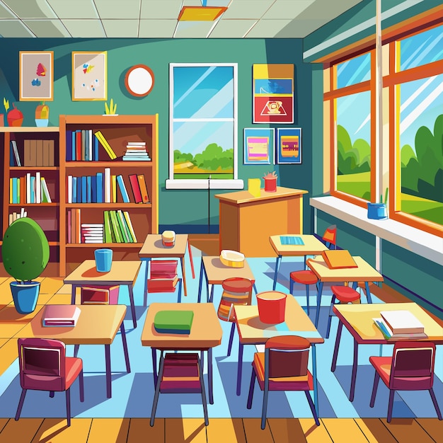 a classroom with a picture of a classroom with a window and a view of the outside