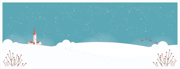 Clean Christmas day banner with castle church and deerMinimal winter landscape in blue  background