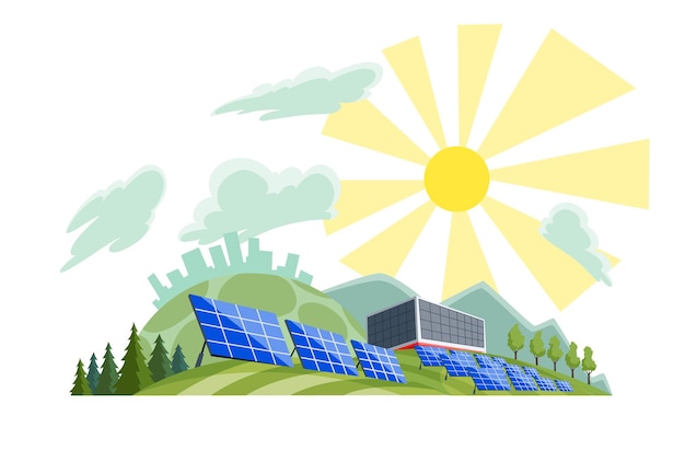 Clean electric energy concept. Renewable electricity resource from solar panels. Ecological change of the future. City skyline and nature landscape on background.