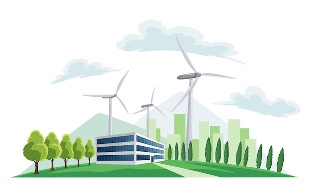 Clean electric energy concept Renewable electricity resource from wind turbines Ecological change of the future City skyline and nature landscape on background