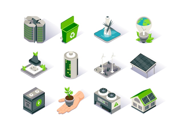 Vector clean energy isometric icon set.