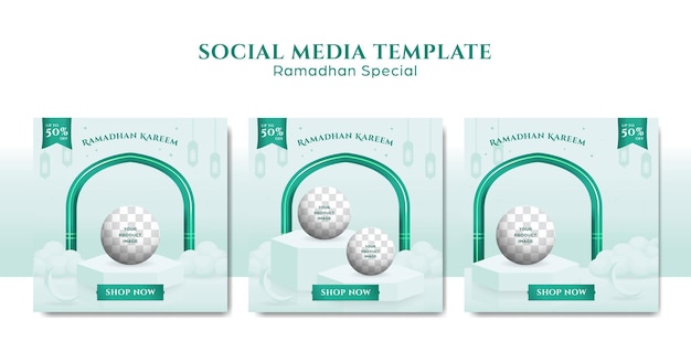 Clean green ramadhan festival instagram post template set with podium platform for product display