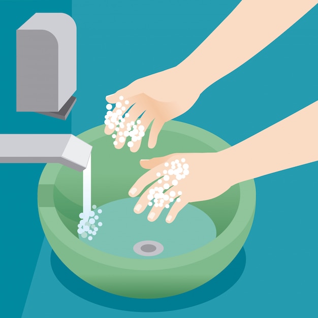 Clean hands with water and soap foam