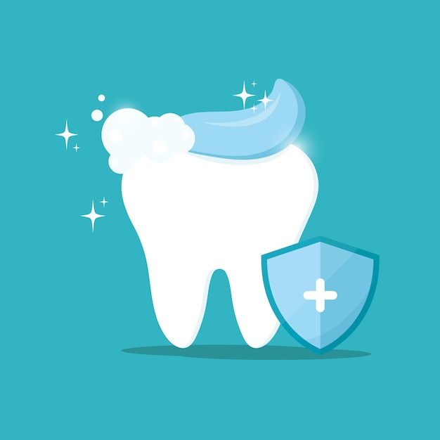 A clean healthy tooth with toothpaste, a protective shield Illustration for dentistry Oral hygiene