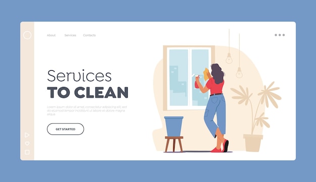 Vector clean services landing page template woman cleaning home wiping window with wet rag and sprayer female character household activity housekeeping process houseworking cartoon vector illustration