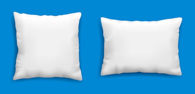 Clean white pillows mockup isolated on blue background vector illustration in realistic style square cushion for relaxation and sleep template