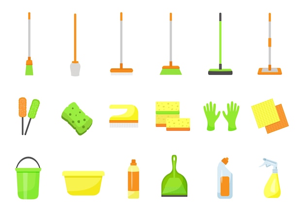 Cleaner equipment icons set cartoon vector Clean chemicals