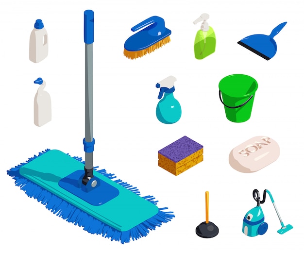 Cleaner equipment icons set, isometric style