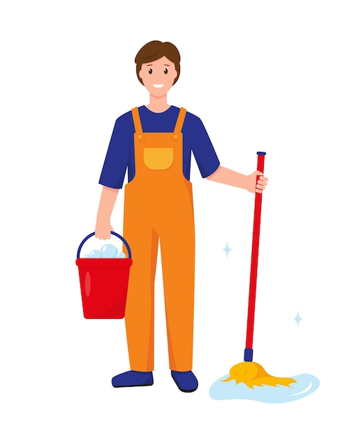 Cleaner man character with bucket and mop