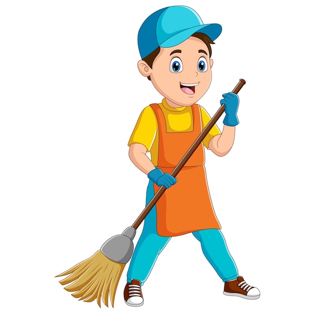 Cleaner man in uniform holding a broom and smiling