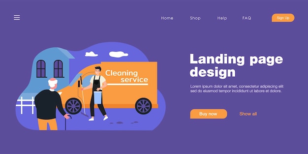 Cleaner with mop and bucket going to house of old man. Senior with walking stick waiting for worker flat vector illustration. Cleaning service, elderly people care concept for banner, website design