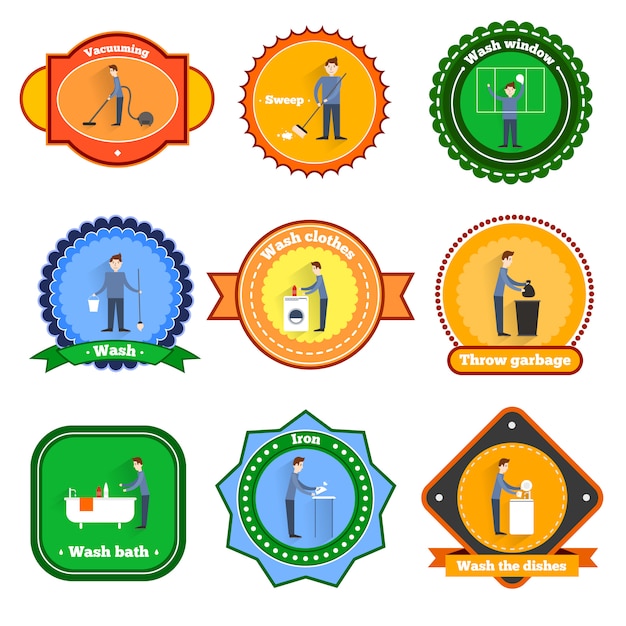 Cleaning badges set with vacuuming sweep window wash isolated vector illustration