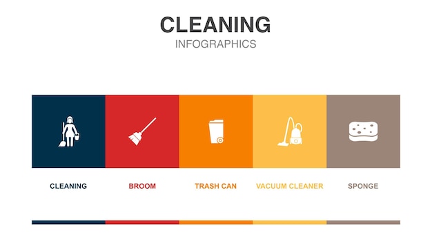 Cleaning broom trash can vacuum cleaner sponge icons Infographic design layout template Creative presentation concept with 5 steps