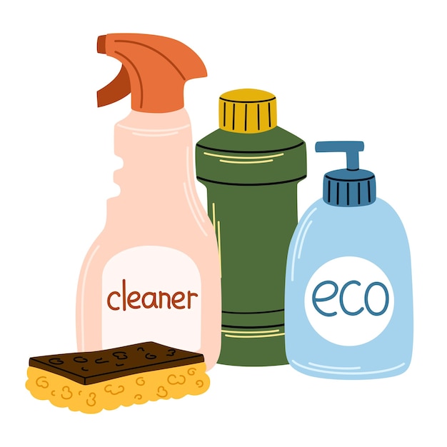 Cleaning chemicals home detergents in plastic bottles and sponge Washing cleansing sanitary liquid