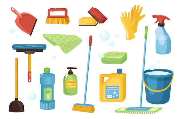 Cleaning and detergents design elements set. Collection of scoop, brush, sponge, gloves, spray, soap, mop, bucket, plunger, hygiene tools. Vector illustration isolated objects in flat cartoon style