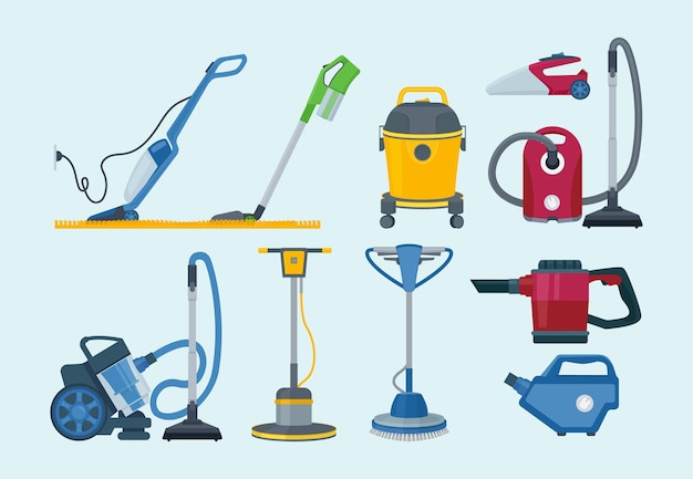 Cleaning equipment. Electrical vacuum cleaner professional supplies household service collection.