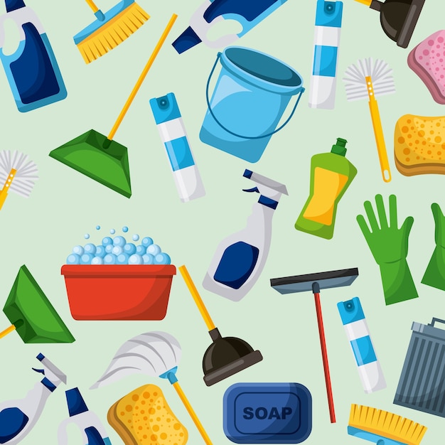 Cleaning equipment tools set icons