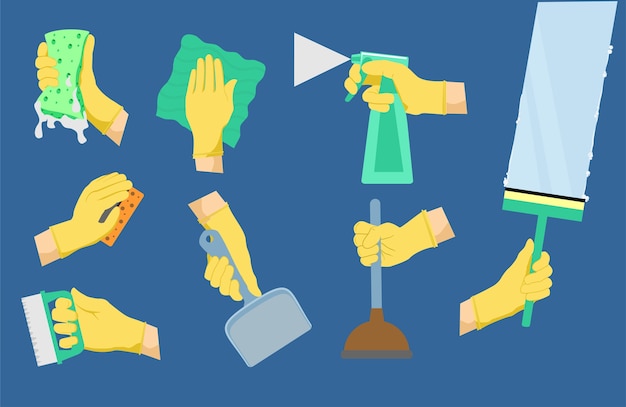 Vector cleaning icons. cleaning tools with hands.