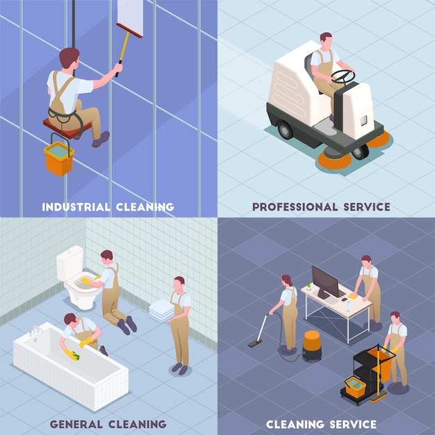 Cleaning isometric icon set with industrial cleaning professional service general cleaning descriptions  illustration