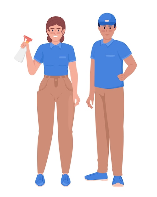 Cleaning and janitorial services staff semi flat color vector characters