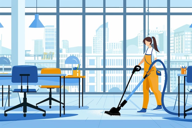 Vector cleaning lady in overalls vacuuming the floor