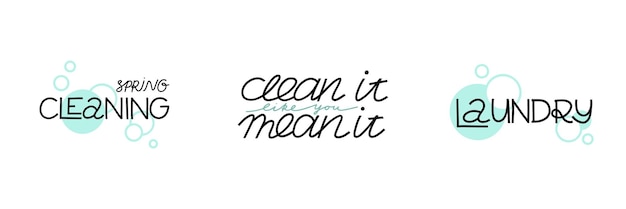 Cleaning lettering set text isolated on white background housework motivational phrase hand drawn letters inspirational banner or poster laundry sticker vector illustration collection