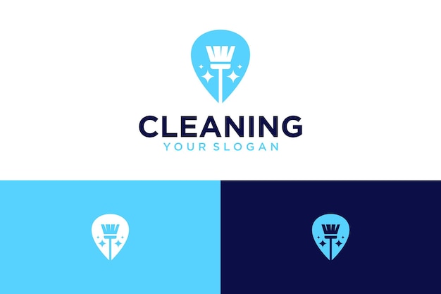 cleaning logo design with broom and pin or location