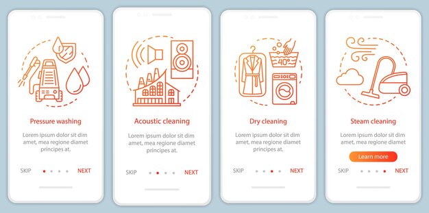 Cleaning methods onboarding mobile app page screen linear concepts