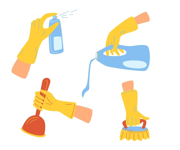 Cleaning products in hands. Hands holding different tools for cleaning. Kitchen cleaning, house washing disinfection equipment. Cartoon vector illustration isolated icons set.