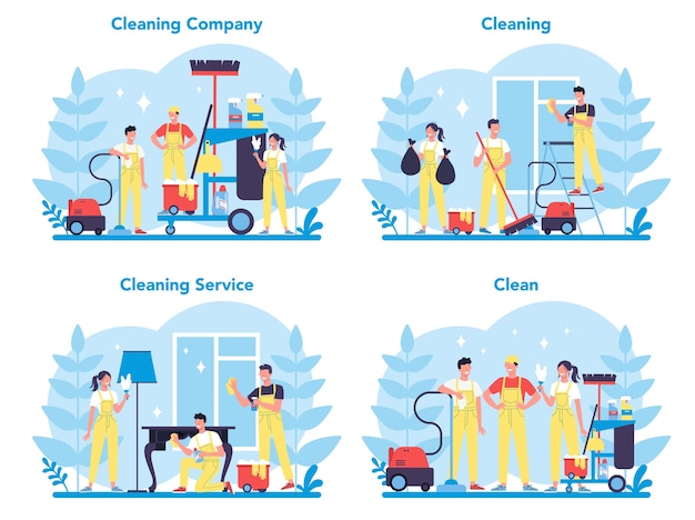 Cleaning service or company set. Collection of woman and man doing housework. Professional occupation. Janitor washing floor and furniture. 