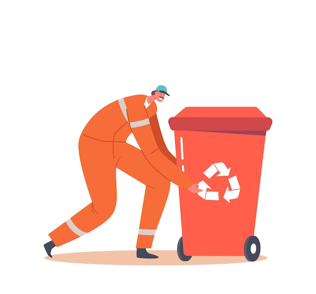 Cleaning Service Concept Janitor Male Character in Orange Uniform with Recycling Bin Street Cleaner Collect Trash