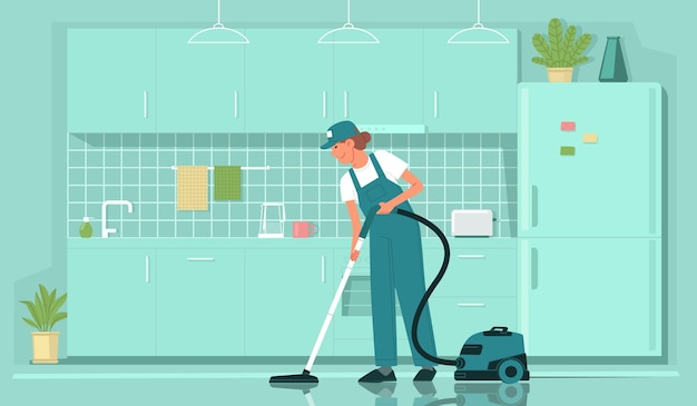 Cleaning service Female cleaner employee in uniform vacuums the floor in the kitchen House cleaning