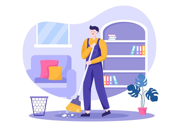 Cleaning Service flat Design Illustration. People Vacuum, Wipe the Dust and Sweeping Floor in the House for Background, Banner or Poster