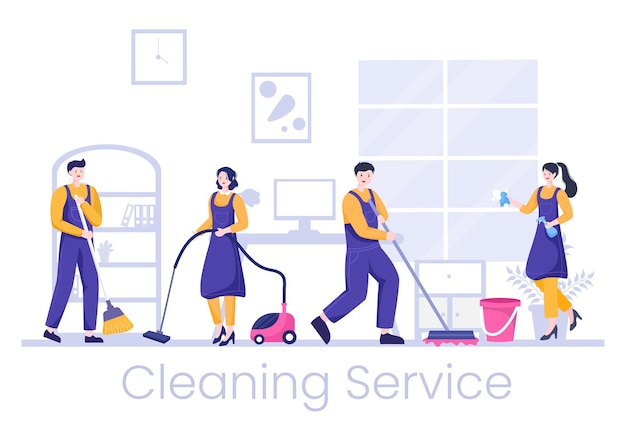 Cleaning Service flat Design Illustration. People Vacuum, Wipe the Dust and Sweeping Floor in the House for Background, Banner or Poster